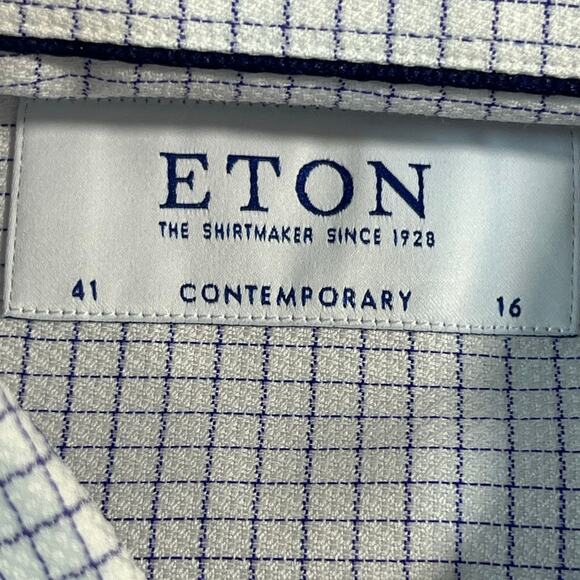 Eton 41/16 Men’s Blue White Windowpane Contemporary Fit Dress Shirt Officewear - Picture 3 of 7